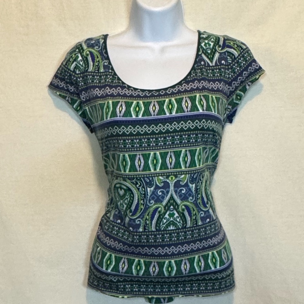 G-99 Liz Claiborne Blue Green & White Short Sleeve Pullover Blouse Size MP